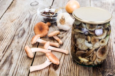 Rustik ahşap adam üzerinde Marine yabani mantar tatlım Agaric