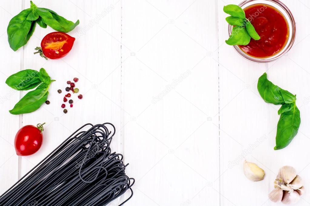 Basil, Red Cherry Tomato with Pasta on White Woody Background