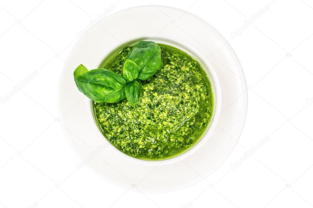 Pesto Sauce with Basil on White Background