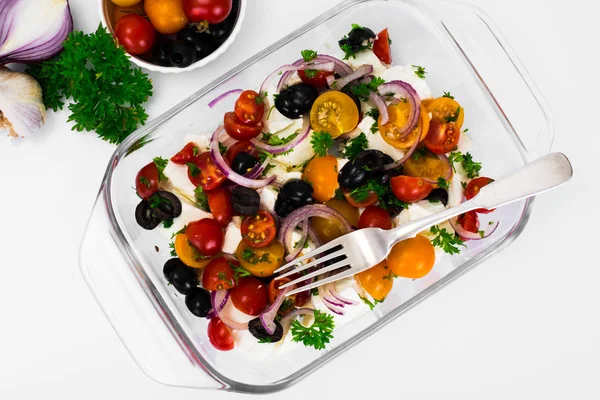 Hot Vegetable Salad with Olives and Feta