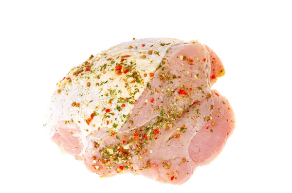 Pechuga Pavo Crudo Con Especias Parrilla Plato Blanco Foto — Foto de Stock