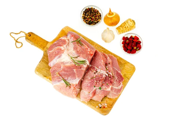 Pedaço Carne Porco Fresca Crua Com Especiarias Para Cozinhar Pratos — Fotografia de Stock