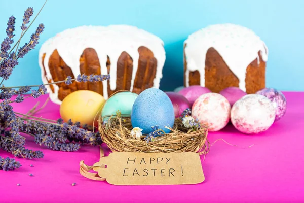 Fondo Colorido Con Huevos Pascua Sobre Fondo Rosa Azul Feliz — Foto de Stock