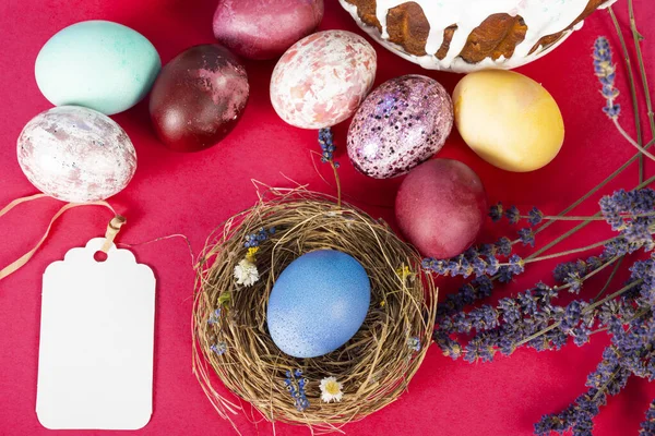 Fondo Colorido Con Huevos Pascua Sobre Fondo Rojo Feliz Concepto — Foto de Stock
