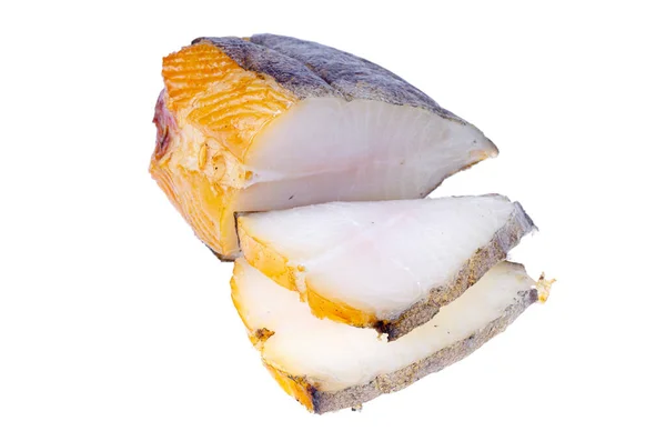 Pezzo Pesce Ippoglosso Bianco Affumicato Isolato Sfondo Bianco Foto — Foto Stock