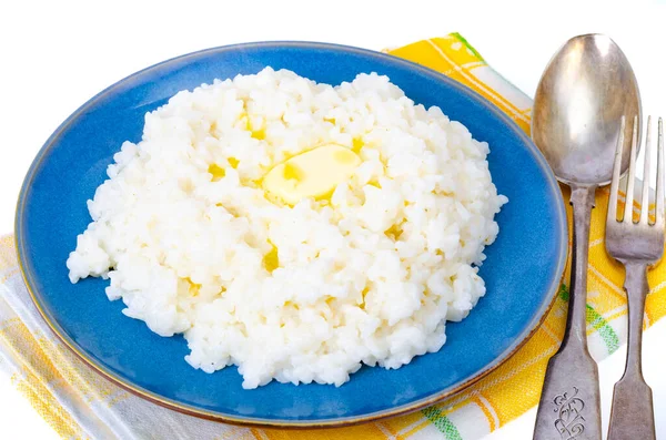 Deliciosas Gachas Leche Arroz Plato Azul Sobre Fondo Blanco Estudio —  Fotos de Stock