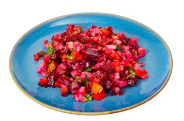 Vejetaryen yemeği. Haşlanmış sebze salatası, pancar, havuç, patates, zeytinyağı. Stüdyo Fotoğrafı