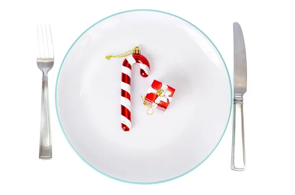 Christmas New Years Concept White Plate Red Tablecloth — Stock Photo, Image