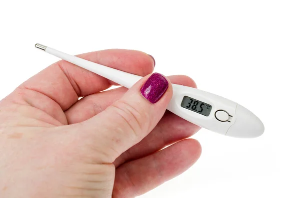 Vrouwelijke Hand Met Elektronische Thermometer Geïsoleerd Witte Achtergrond Foto Van — Stockfoto