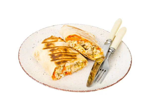 Shawarma Pita Tortilla Chicken Spicy Carrots Studio Photo — Stock Photo, Image