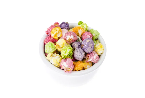 Sladký Vícebarevný Karamel Popcorn Bílé Misce Studio Photo — Stock fotografie
