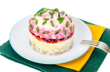 Sebze, pancar, salamura ringa balığı ve mayonez aperatifleri. Stüdyo Fotoğrafı