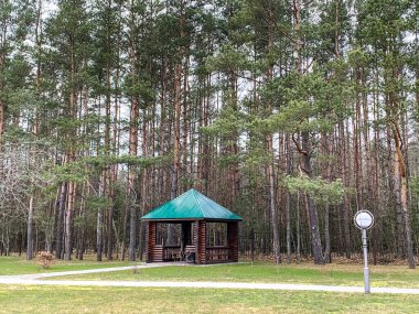 Ormanın arka planında büyük ahşap bir çardak..