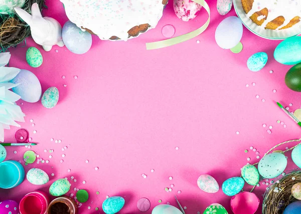 Colorful Background Easter Eggs Pink Background Happy Easter Concept Can — Stock Photo, Image