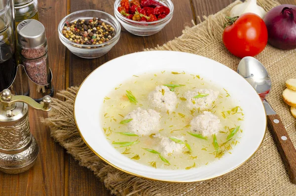 Assiette Blanche Soupe Boulettes Viande Photo Dans Studio — Photo