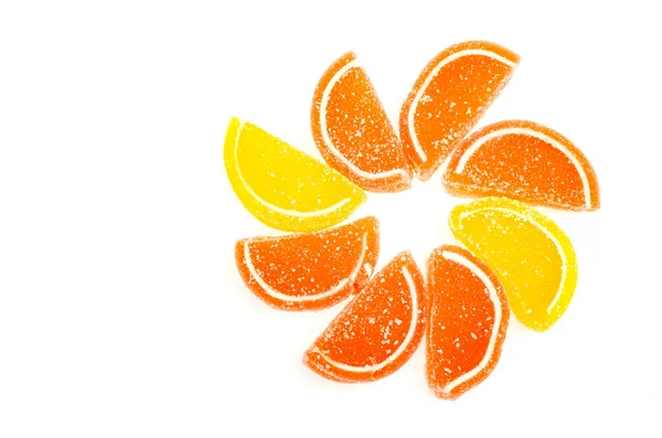 Orangen Und Gelben Scheiben Süßer Fruchtmarmelade Zucker Isoliert Auf Weißem — Stockfoto