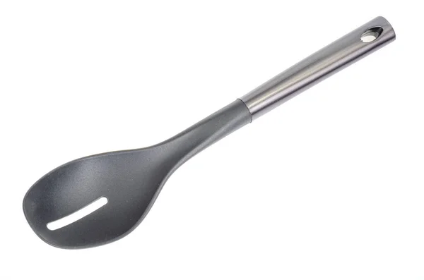 Plastic Culinary Black Spoon Slotted Spatula Kitchen Gadget Kitchen Utensil — Stock Photo, Image