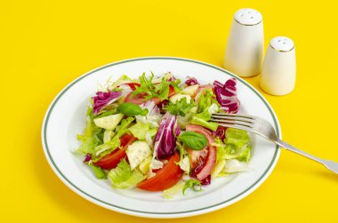 Parlak arka planda hafif vejetaryen salatası. Sağlıklı yaşam tarzı kavramı. Stüdyo Fotoğrafı
