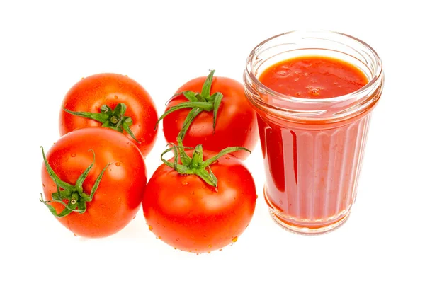 Glass Natural Tomato Juice Fresh Red Tomatoes White Background Studio — Stock Photo, Image