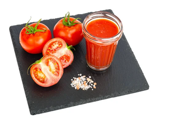 Verre Jus Tomate Tomates Rouges Mûres Sur Plateau Pierre Noire — Photo