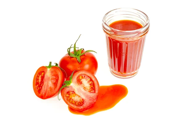 Verre Jus Tomate Naturel Tomates Rouges Fraîches Sur Fond Blanc — Photo