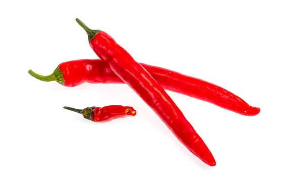 Dvě Červené Horké Chilli Papričky Izolované Bílém Pozadí Studio Photo — Stock fotografie