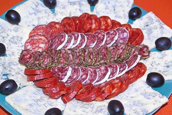 Sausage and Blue Cheese on a Plate. Stock Photo