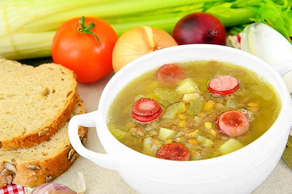 Lentil Soup with Smoked Sausage and Celery — Stock Photo, Image