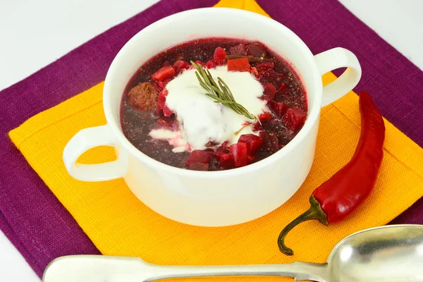 Healthy and Diet Food: Soup with Beetroot and Dumplings. — Stock Photo, Image