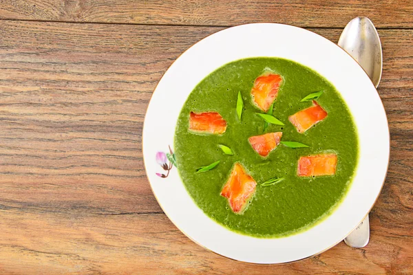 Sopa de espinafre purê com salmão — Fotografia de Stock