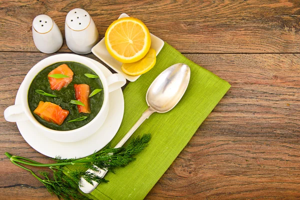 Geprakte spinazie soep met zalm — Stockfoto