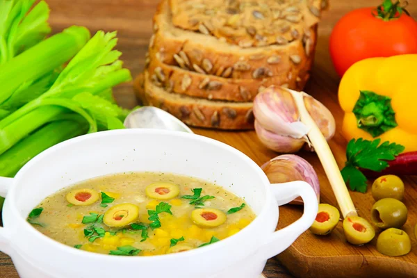 Barley Soup with Olives and Peppers — Stock Photo, Image