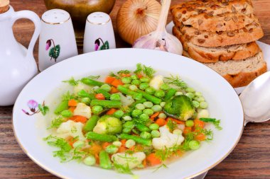 Karnabahar, Brüksel lahanası, yeşil fasulye, bezelye, Carr ile çorbası