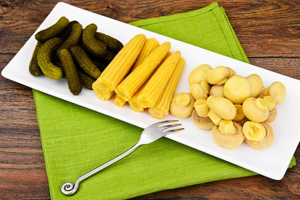 Pickled Cucumbers Gherkins, Mushrooms and Corn — Stock Photo, Image