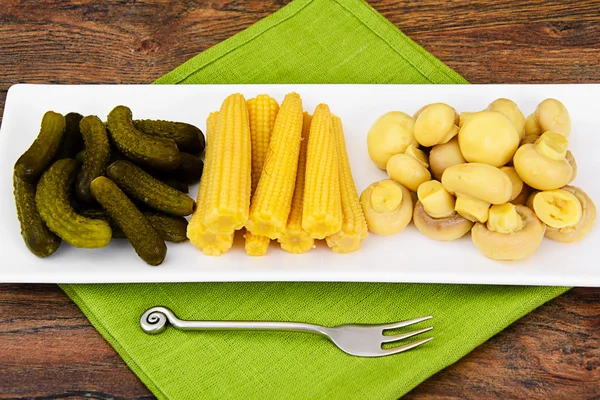 Pickled Cucumbers Gherkins, Mushrooms and Corn — Stock Photo, Image