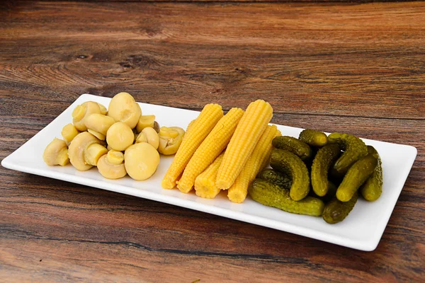 Pickled Cucumbers Gherkins, Mushrooms and Corn — Stock Photo, Image