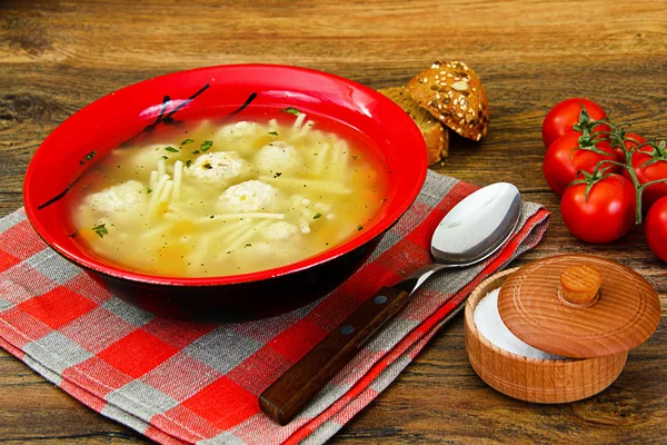 Soup with chicken meatballs and noodles — Stock Photo, Image