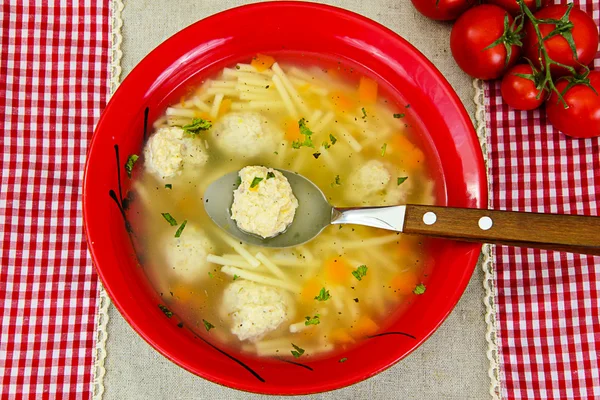 Soup with chicken meatballs and noodles — Stock Photo, Image