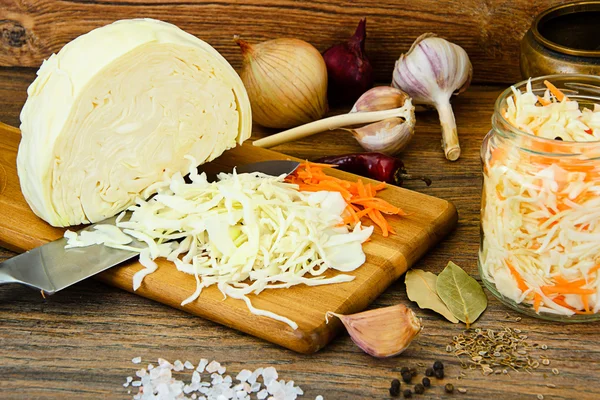 Sauerkraut, Carrot, Salt, Water, Sugar, Garlic, Fennel Seeds, Pe — Stock Photo, Image