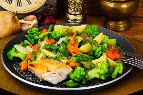 Steamed Vegetables Potatoes, Carrots, Corn, Green Beans, Onion w — Stock Image Steamed Vegetables Potatoes, Carrots, Corn, Green Beans, Onion w Stock Image
