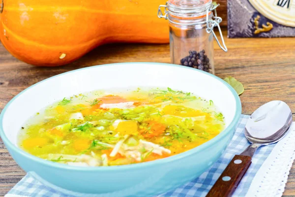 Sopa de pollo con brócoli, zanahorias y apio, calabaza y nuez —  Fotos de Stock