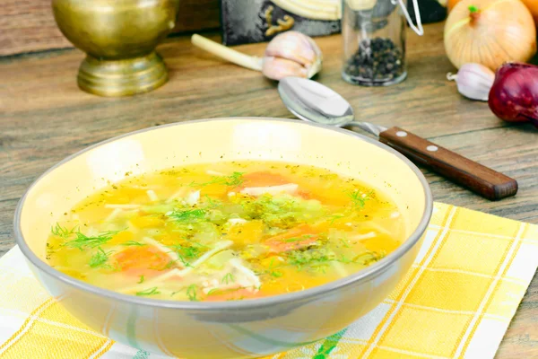 Sopa de frango com brócolis, cenouras e aipo, abóbora e Nood — Fotografia de Stock