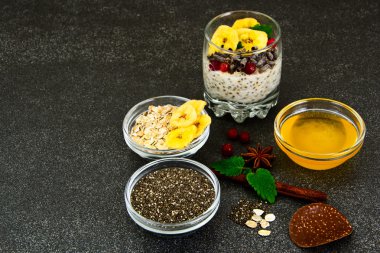 Chia tohum, yulaf ezmesi, tatlım, kızılcık, çikolata, nane Gla içinde