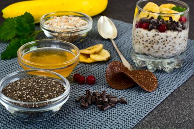 Chia tohum, yulaf ezmesi, tatlım, kızılcık, çikolata, nane Gla içinde