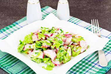 Diyet salata taze sulu turp, yeşil soğan, marul, Ca