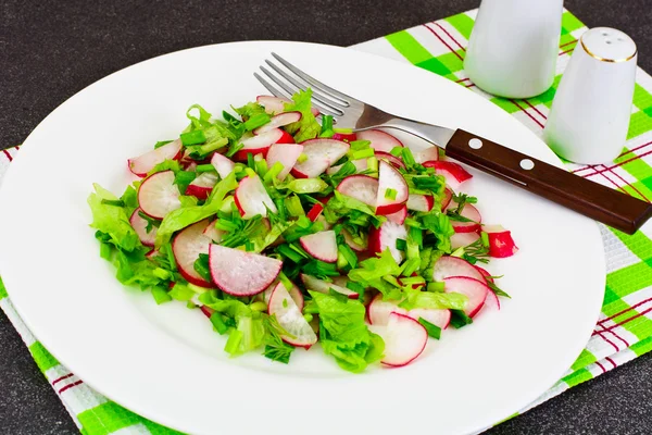 Insalata dietetica di ravanello fresco succoso, cipolle verdi, lattuga — Foto Stock