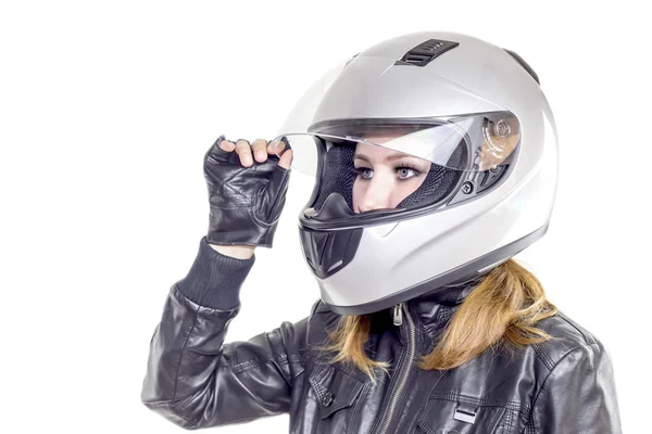 Fille dans un casque de moto — Photo