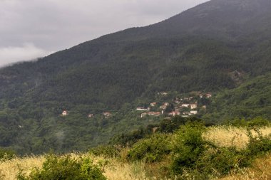 Manzara. Dağlar ve orman bir yaz günü sislerin içinde boğuluyor, bulutlu bir gün (Mora, Yunanistan)