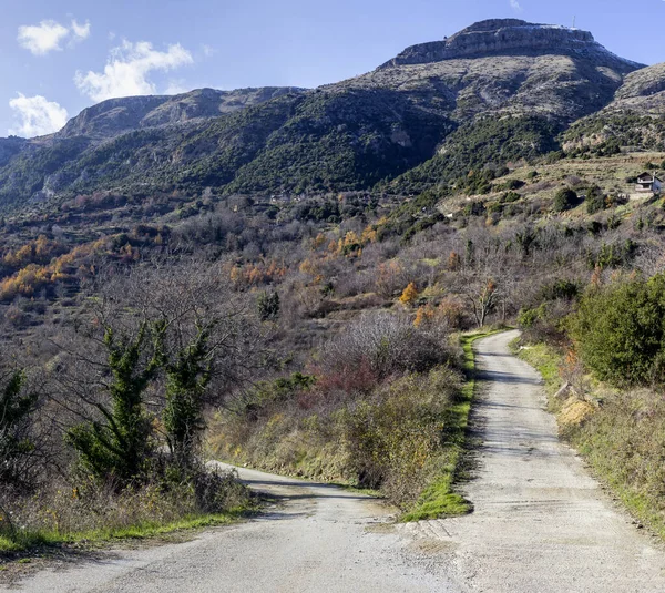 Paisaje Montañas Bosque Camino Rural Invierno Día Soleado Peloponeso Grecia —  Fotos de Stock