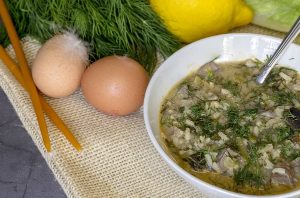 Composição Páscoa Sopa Grega Nacional Magiritsa Uma Tigela Que Preparada — Fotografia de Stock